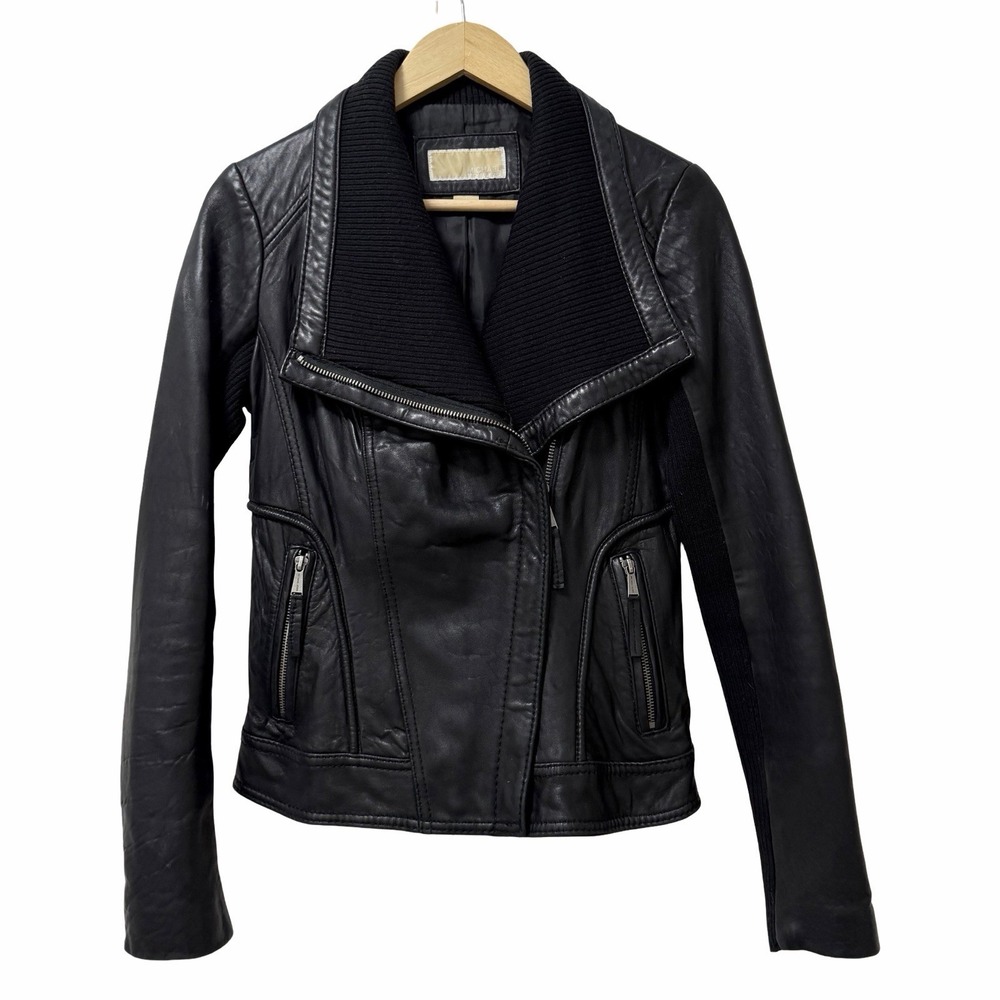 Michael Kors Womens Leather Knit Trim Motorcycle Jacket Size S Black Edgy Baddie